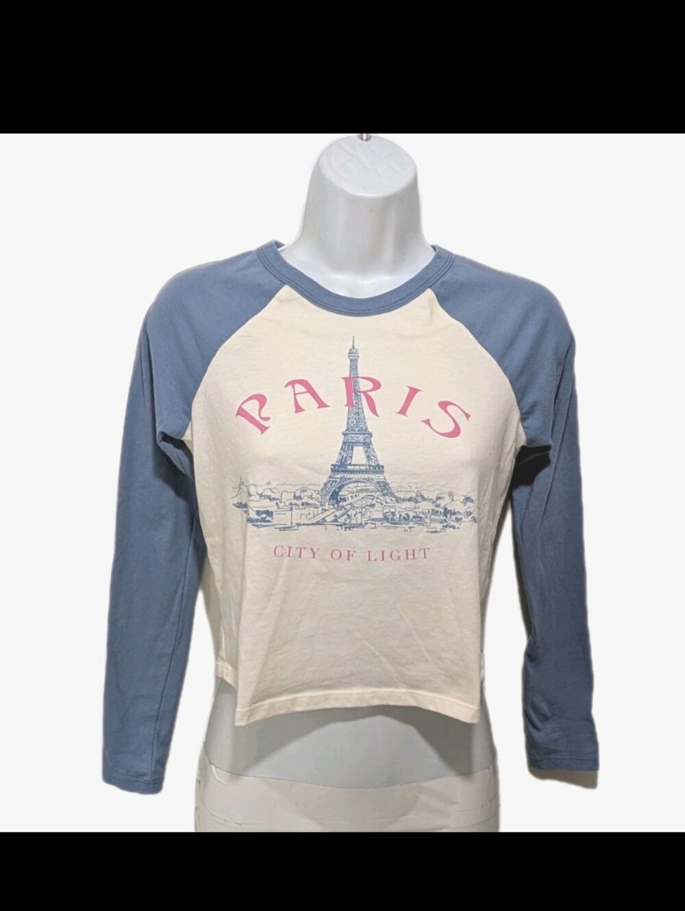 Paris Eiffel Raglan Crop Tee  Cream & Dusty Blue XS Crop 90s Travel #7900